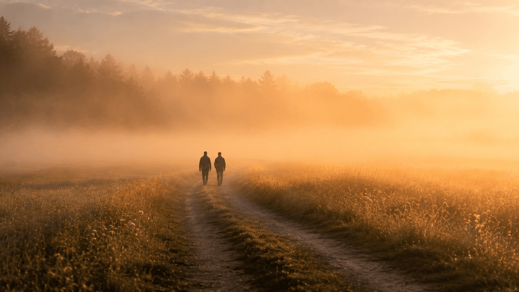 Zwei Wanderer auf einem nebligen Pfad im Morgenlicht — Begleitung auf Augenhöhe